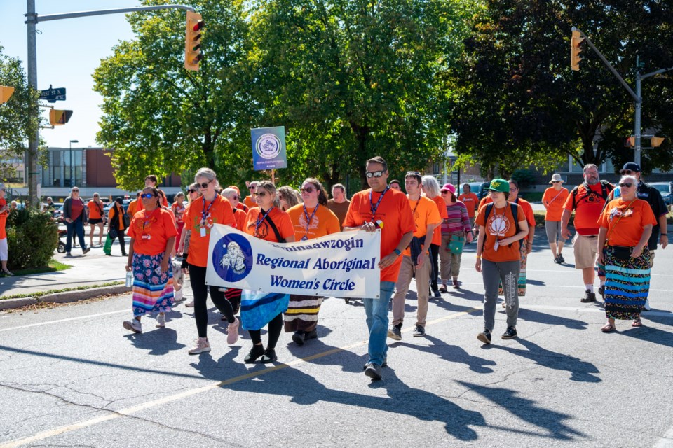 The Orillia Native Women's Group, Barrie Area Native Advisory Circle, and Biminaawzogin Regional Aboriginal Women's Circle organized the Truth and Reconciliation march in downtown Orillia on Monday. 