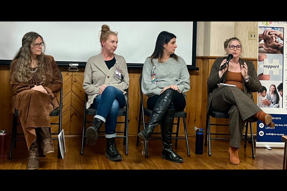 Sher McNulty, left, registered nurse Dawn Richards, registered social worker Olivia Madden and OPP Det.-Sgt. Tanya Tremble spoke about the effects of gender-based violence in rural communities, saying it's an epidemic in Orillia and elsewhere.