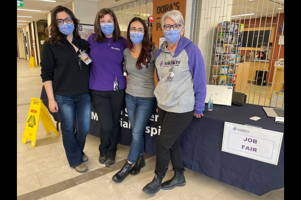 These Orillia Soldiers' Memorial Hospital staff members gave up their Saturday to help recruit new people to work at the hospital during a job fair. From left are Adriana Aram, April Eisses, Melanie Delion and Faye Blewett.