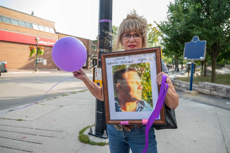 Marie McConnell honoured her son Jamie during the Overdose Awareness Day event in downtown Orillia on Friday evening. 