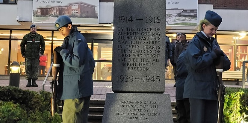 During a long, wet night, members of the 99 Lynx Royal Canadian Air Cadet Squadron stood silent vigil at the cenotaph outside Orillia Soldiers' Memorial Hospital ahead of today's Remembrance Day ceremony.