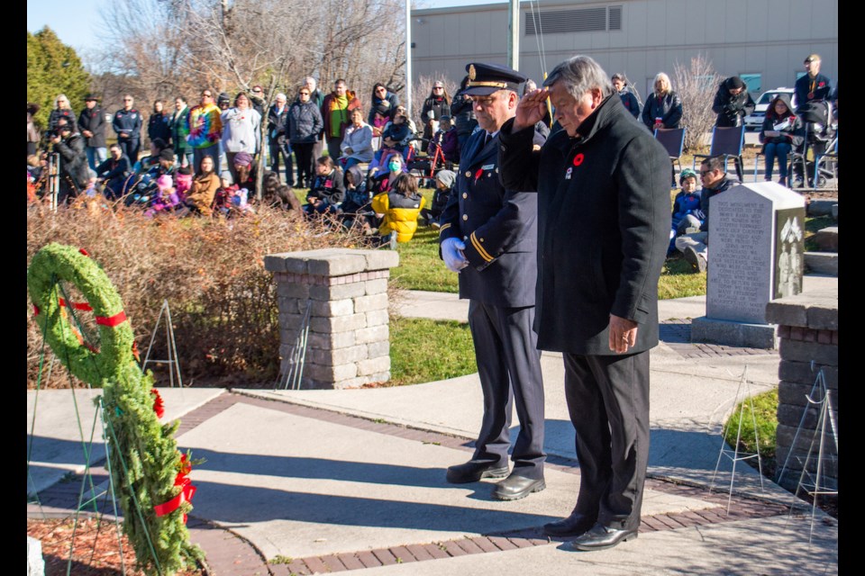 Chief of Rama First Nation, Ted Williams, lays a wreath during the Remembrance Day ceremony in Rama on Tuesday. 