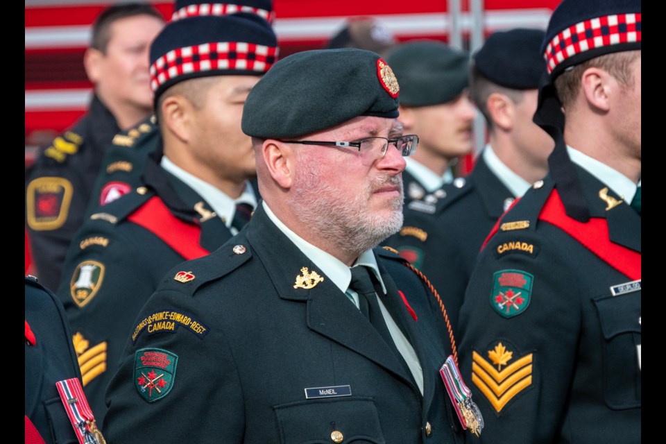 John McNeil, the officer commanding the support company for the 3rd Canadian Ranger Patrol Group, reflects on his time fighting in Afghanistan during the playing of The Last Post at Friday's National Indigenous Veterans Day ceremony in Rama First Nation.