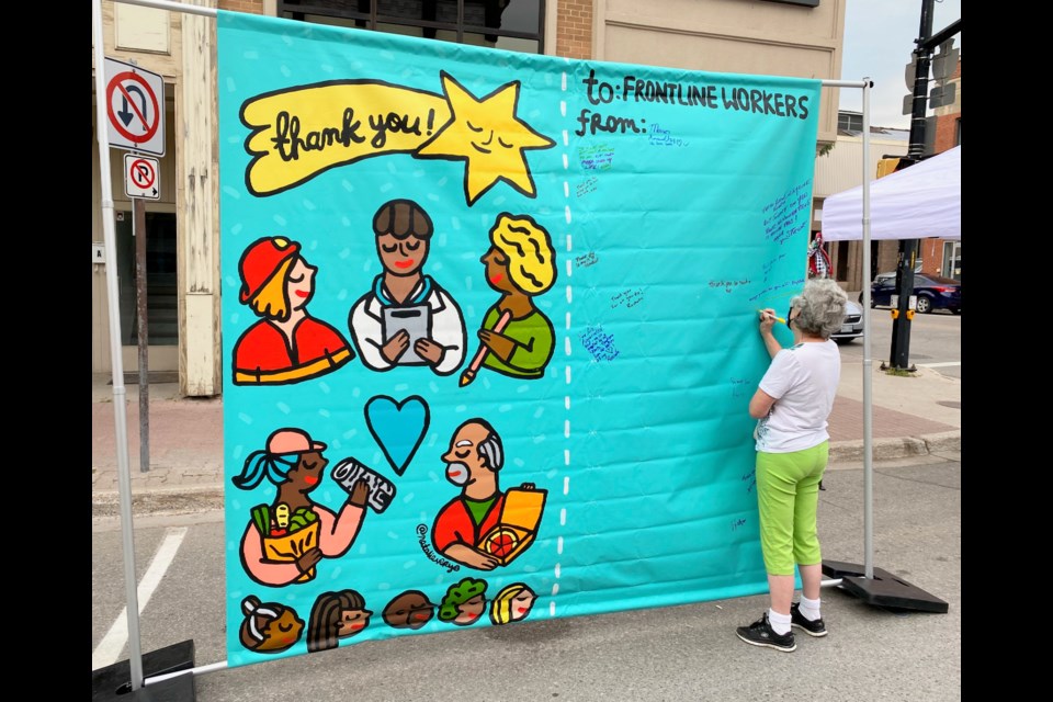 This mural was set up Friday in downtown Orillia, where people could write messages of thanks to frontline workers.