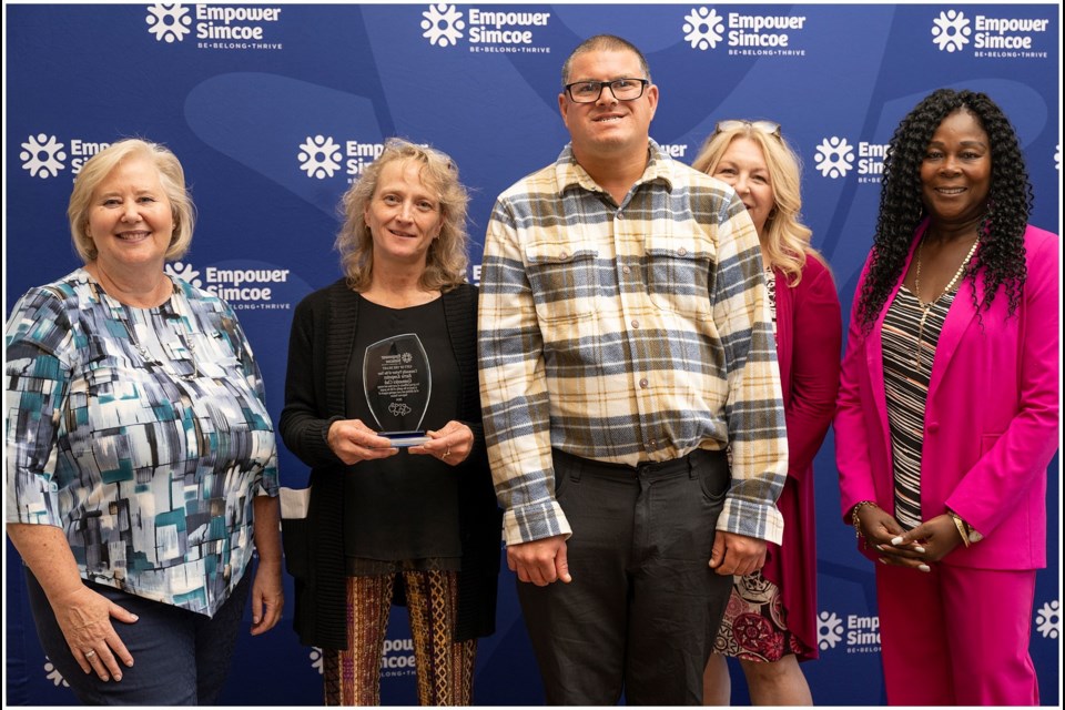 The Sharing Place Food Centre was named community partner of the year (Orillia) at Empower Simcoe’s Gift of the Heart Awards. From left: Nancy Hannah, Tyler Fountain and Cathy MacMillan, from The Sharing Place Food Centre, Empower Simcoe community participation workers Julie Lorriman and Ashley Roe and Empower Simcoe CEO Claudine Cousins.