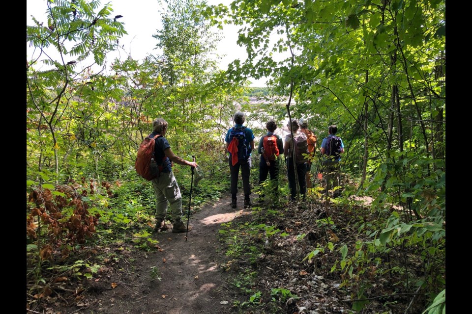 Members of the Orillia club of the Ganaraska Hiking Trail are shown on a Simcoe County mountain bike trail in a forest tract north of Bass Lake Sideroad, near Line 9.