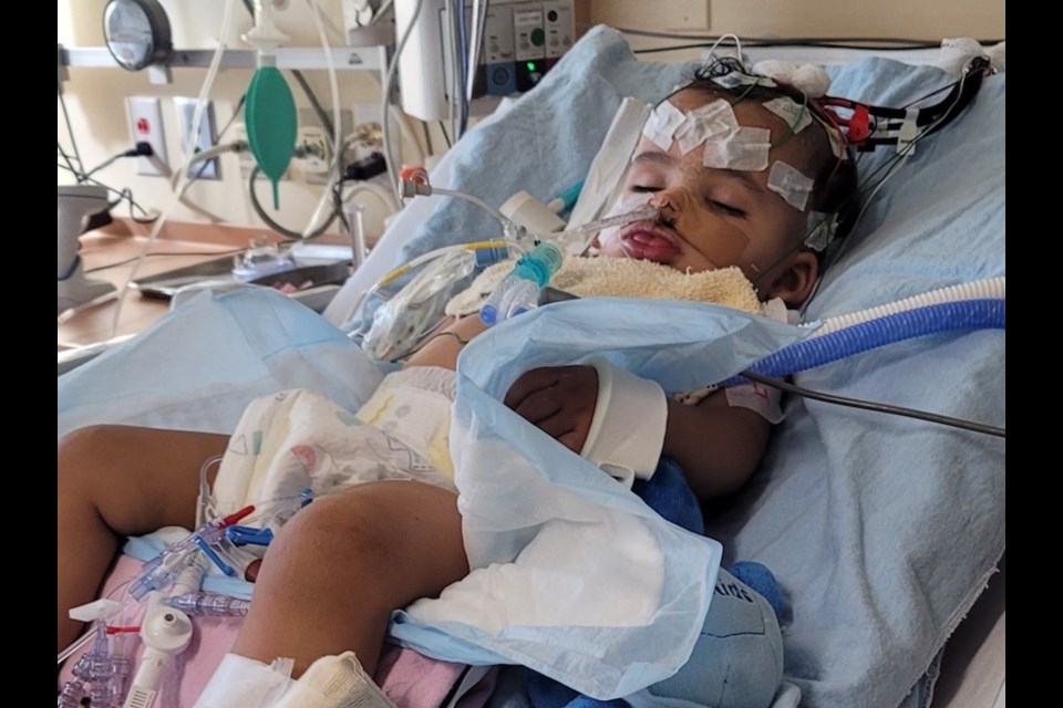 Christopher Douglas, a 16-month-old Orillia boy, is suffering from a life-threatening illness and is being cared for at Holland Bloorview Kids Rehabilitation Hospital in Toronto.