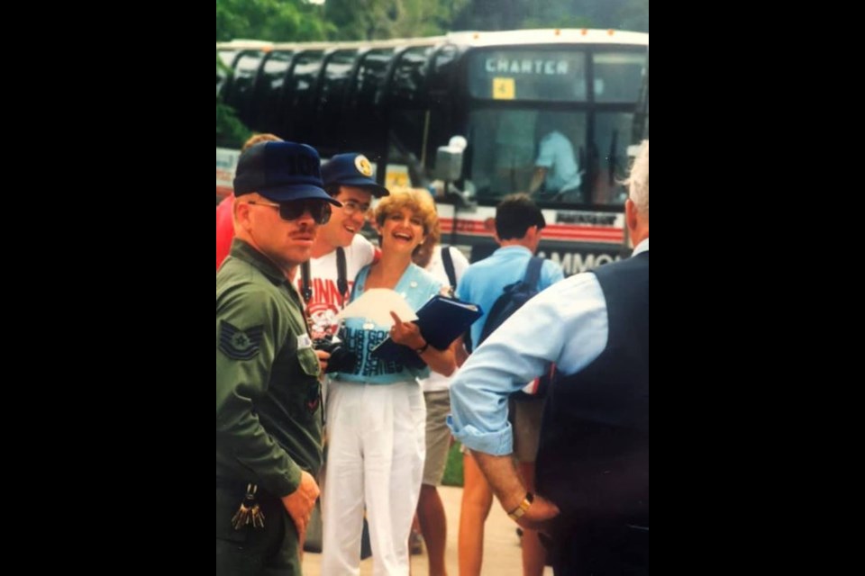 Mike Dodd travelled to Auburn, NY to cover the CANUS Games - a competition between athletes from Orillia and the U.S. city. Here he's shown with the late Elaine Thompson, a long-time local swim coach and volunteer.