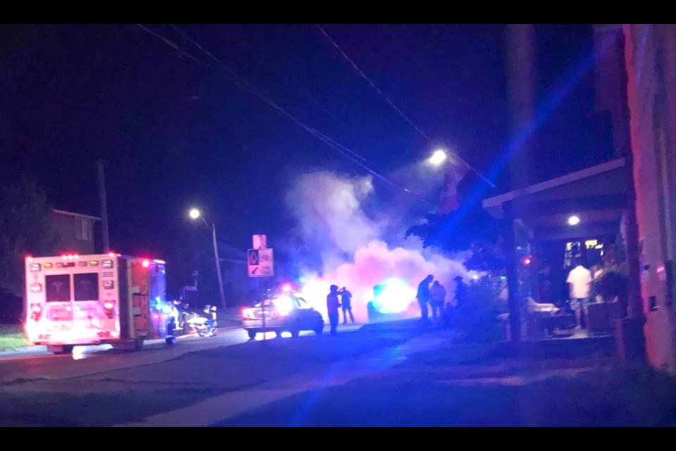 An OPP cruiser erupted in flames due to a mechanical issue while officials were investigating a stabbing on Mississaga Street Friday night. Nosey Neighbours Photo
