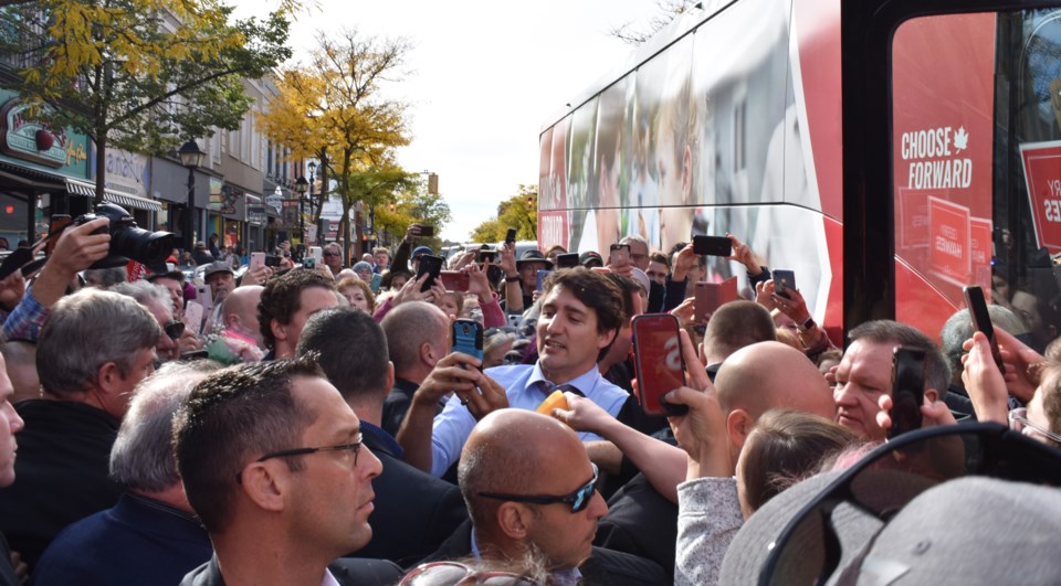 justin trudeau in sea of people in orillia