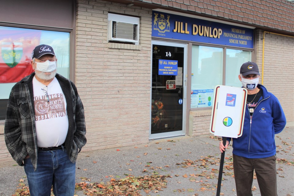 Dennis Rizzo, left, and John Winchester, of Orillia for Democracy, are shown Thursday outside Simcoe North MPP Jill Dunlop's office. Nathan Taylor/OrilliaMatters