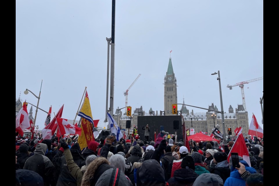 A professional sound stage has been set up by protesters in front of the Parliament buildings in Ottawa. Hailey Lewis was singing for a massive crowd this morning.  