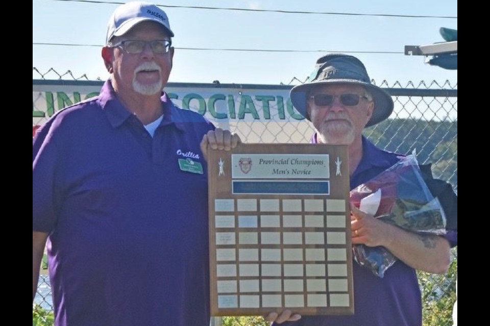 The Orillia Lawn Bowling Club’s Brian Minns, left, and Steve Millar won gold at the Provincial Men’s Novice Aussie Pairs competition.