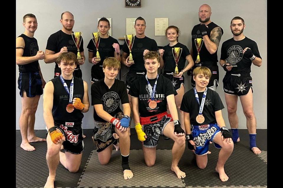 Black Lotus Kickboxing and Muay Thai Academy was awarded the most competitive club at the WAKO provincial kickboxing championship. Back row, from left: Coach Kai Clement, Sam Keays, Anastasia Wilcock, Head Coach Nic Langman, Mckenna VanAllen, Darrel Hutton and Coach Dustin Cronk. Front row left to right,
Brad Bond, Josh Harlow, Kevin Jewel and Cameron Knapp.