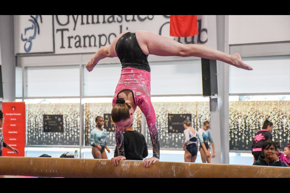 Marina Thomas, of Mariposa Gymnastics, is shown performing her beam routine during the Tour Select competition in
Orangeville, Ont., on Fri., Nov. 8, 2024.