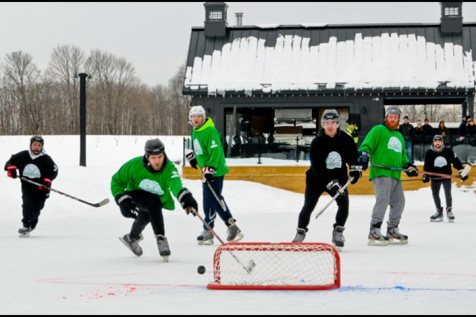 Players compete at The Braestone Winter Classic Charity Pond Hockey Tournament in February, 2023 at the Braestone Farm in Oro-Medonte