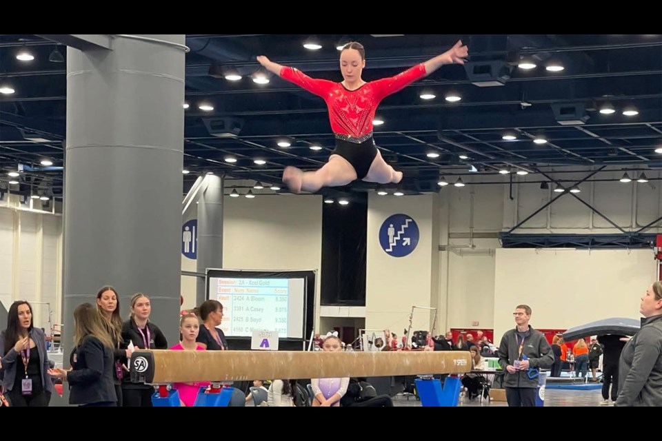 Marina Thomas, of Team Ontario, is shown performing her beam routine during the Simone Biles International Invitational in
Houston, Texas, USA., on Fri., Jan. 31, 2025