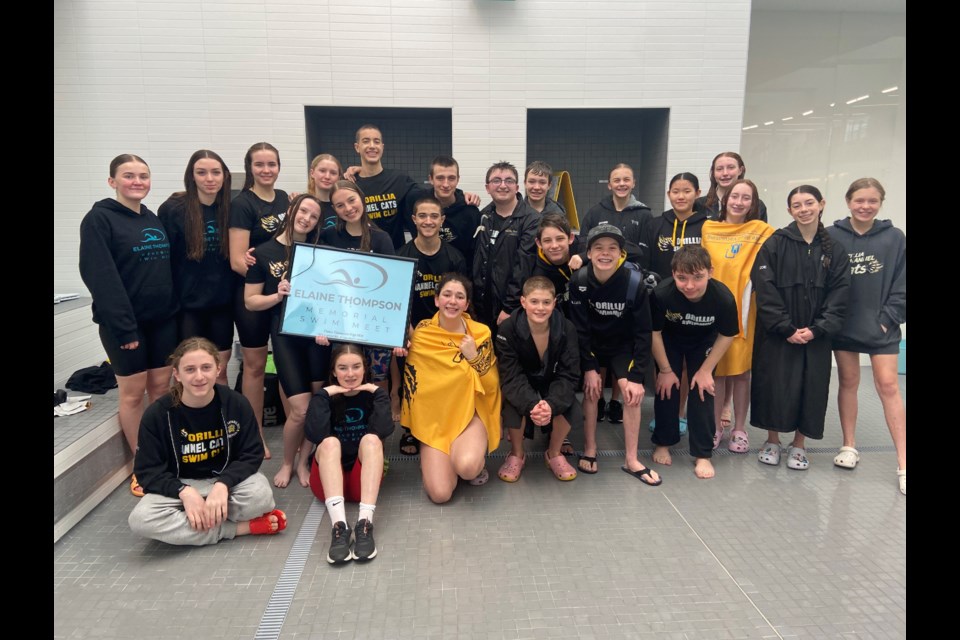 Members of the 13-and-over Orillia Channel Cats Swim Club are shown at the second annual Elaine Thompson Memorial Meet at the Orillia Recreation Centre.