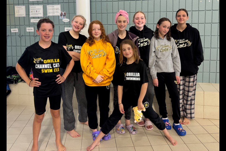 Orillia Channel Cats Swim Club 12-and-under athletes are shown at the Barrie Trojan Pentathlon.