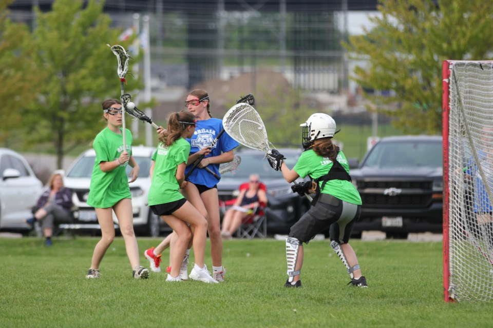 Players are shown during recent Orillia Lady Kings field lacrosse action at the West Orillia Sports Complex.