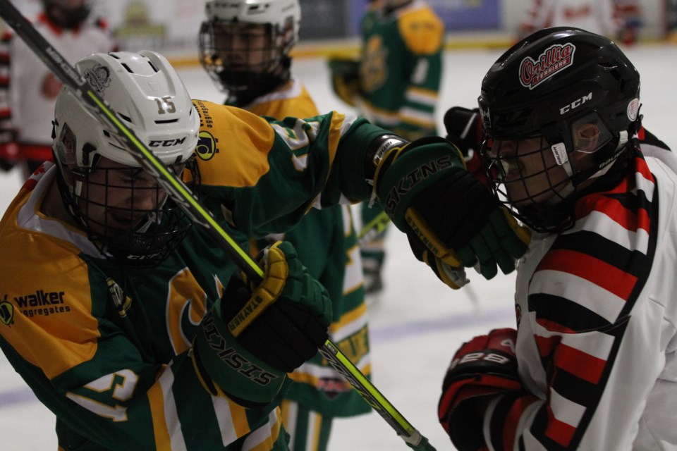 The contest between Stayner and Orillia was a chippy affair Saturday night. The visiting Siskins dominated, earning a 7-1 victory at Brian Orser Arena.