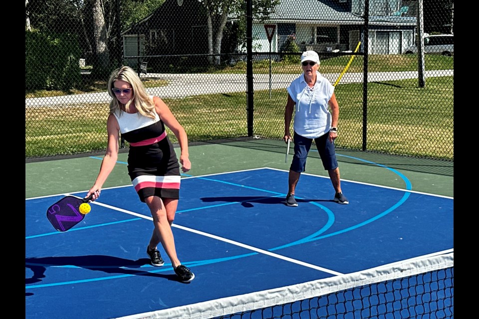 Simcoe North MPP Jill Dunlop was among those who tried their hand at a game of pickleball Friday afternoon. 