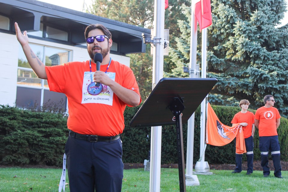 James Doxtador, a member of the Lower Cayuga Bear Clan from the Six Nations, speaks at a flag raising on Monday to mark the National Day for Truth and Reconciliation.