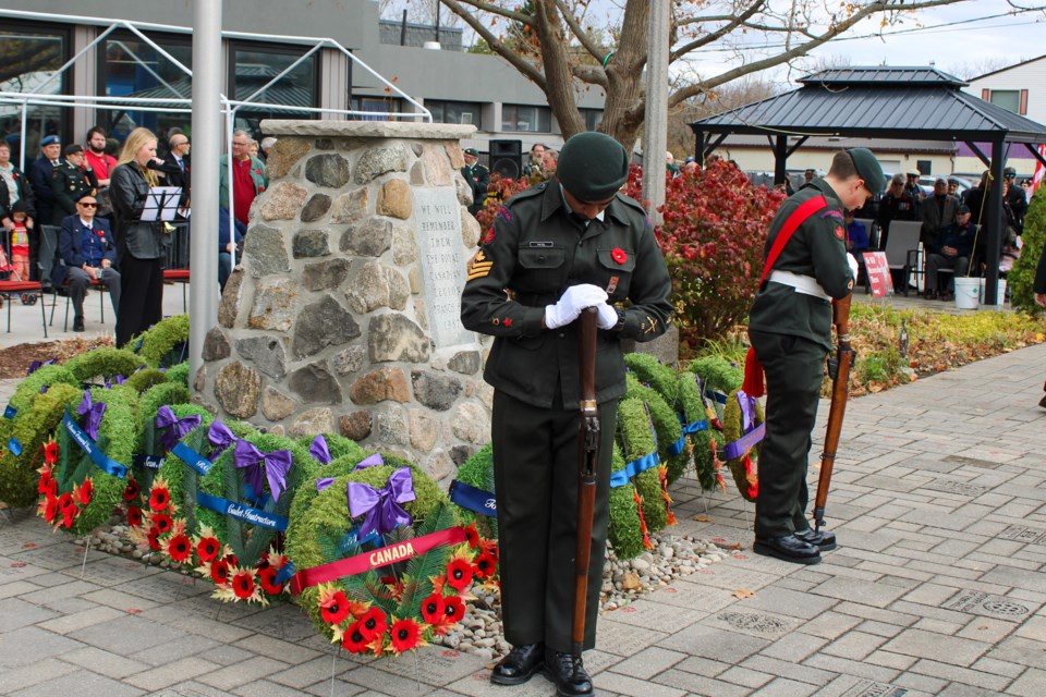 Members of the 613 Lincoln and Welland Regiment Army Cadet Corps stand watch during Remembrance Day ceremonies at the Fonthill Legion Monday.