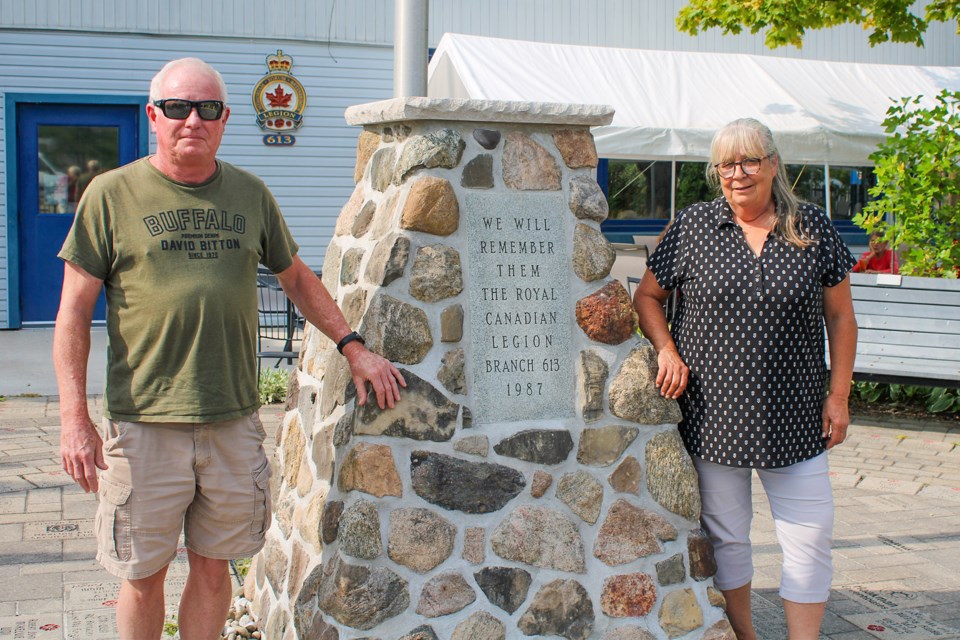 Jim Garner, left, second vice-president for the Fonthill Legion, and Toni McKelvie, president, with the Talbot Trail branch’s restored cenotaph. The restoration is part of ongoing work at the legion, located at 141 Hwy. 20 E.