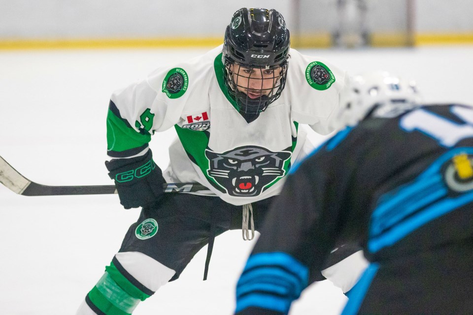 Pelham Panthers’ Francesco Sanita gets ready to take a faceoff against the Caledonia Corvairs in Pelham’s Greater Ontario Junior Hockey League junior B home-opener last Sunday at the Meridian Community Centre. Panthers lost the game 5-0.