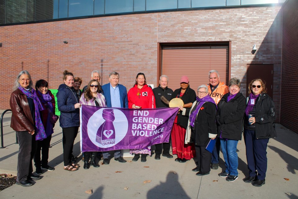 The purple Wrapped in Courage flag was raised at the Meridian Community Centre in Pelham on Monday (Nov. 25), to draw attention to the United Nation’s 16 Days of Activism against Gender-based Violence. In addition to the flag raising, the event featured the REDress installation of a display of red dresses, inspired by one created in 2010 by Metis artist Jamie Black. The use of red dresses in the display is to represent missing and murdered Indigenous women and girls.