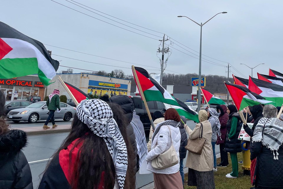 About 60 were in attendance at pro-Palestinian rally at Pen Centre Mall on Saturday, Dec. 23 2023.