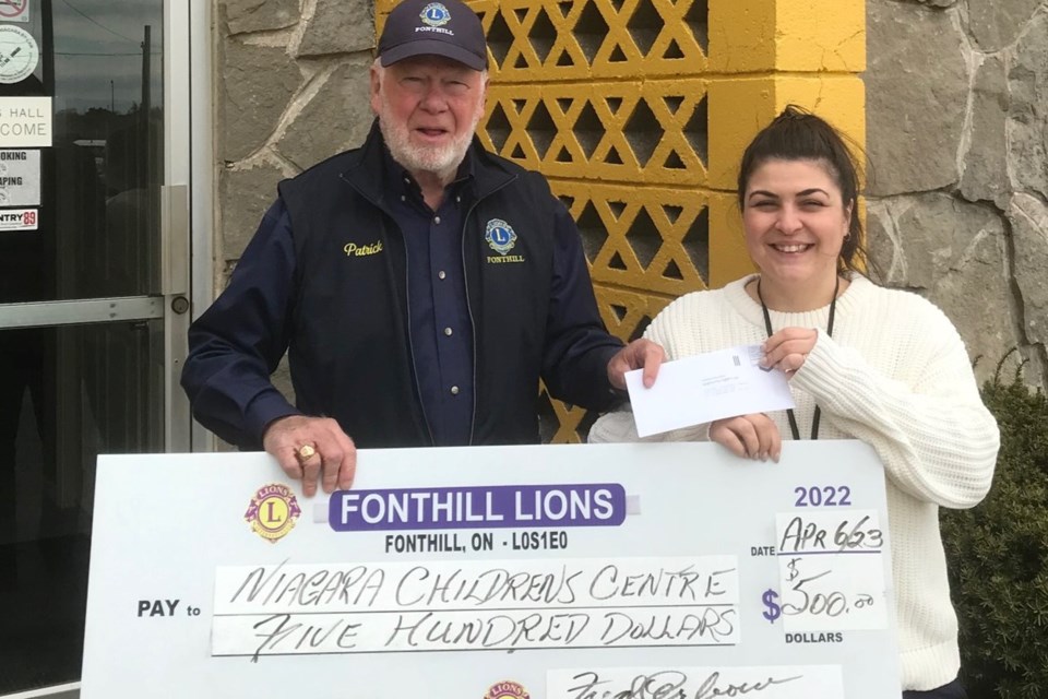 Fonthill Lions Club President Pat O’Hara presents a cheque for $500 to Mandy Cavasin, development officer at Niagara Children's Centre.
Photo supplied