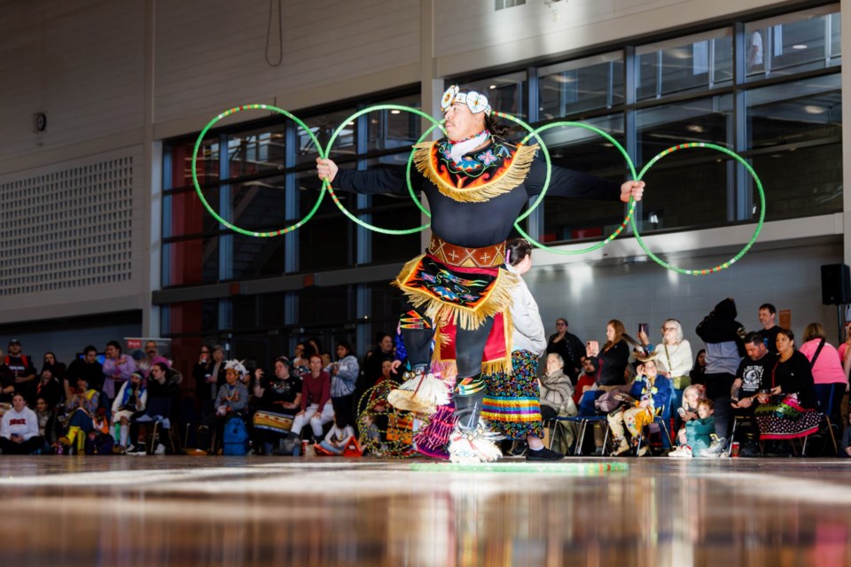 Head dancer Notorious Cree (James Jones), a Hoop 8 Chicken Dancer from Tallcree First Nation in Alberta, takes the floor during the second annual powwow in Brock University’s Ian Beddis Gymnasium hosted by Hadiya’dagénhahs First Nations, Métis and Inuit Student Centre on  Jan. 17.