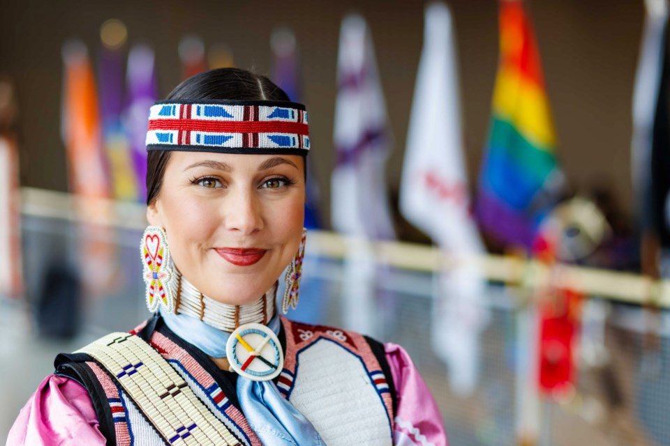 Head Dancer Marley Fairfield, Champion Jingle Dress Dancer from Six Nations of the Grand River, at the second annual powwow at Brock University.