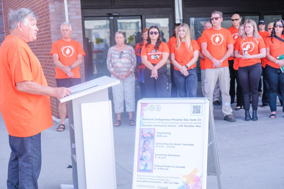 Pelham Mayor Marvin Junkin greets a crowd of about 50 people who gathered at the Meridian Community Centre on June 21 to take part in the flag raising to officially recognize Indigenous Peoples Day.