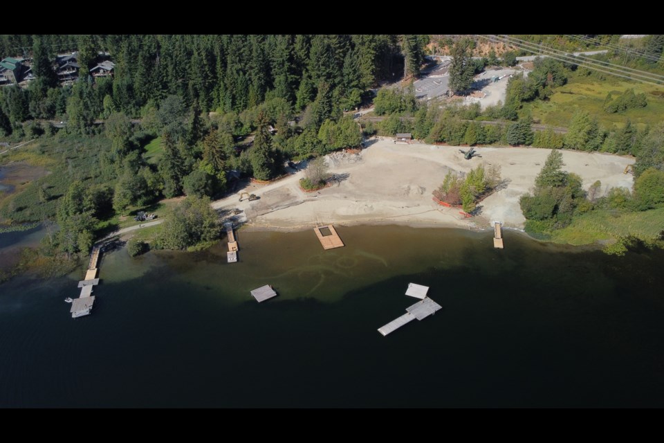 An aerial view of the work taking place at Whistler's Rainbow Park.