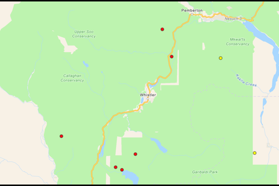 BC Wildfire's map shows several new fire starts near Whistler after a lightning storm rolled over the resort Friday night.