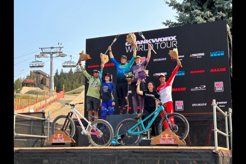 2024 King and Queen of Crankworx podium, left to right: Jackson Frew, Jordy Scott, Ryan Gilchrist, Martha Gill, Shania Rawson and Tuhoto-Ariki Pene.