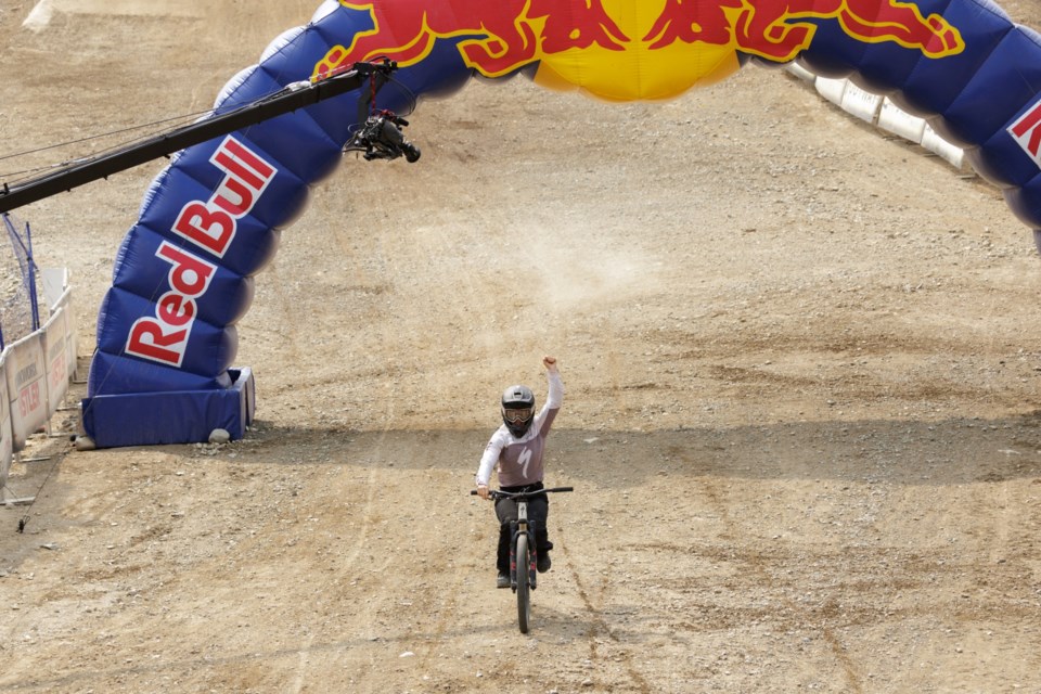 Alma Wiggberg triumphantly raises her fist at the 2024 Red Bull Joyride.