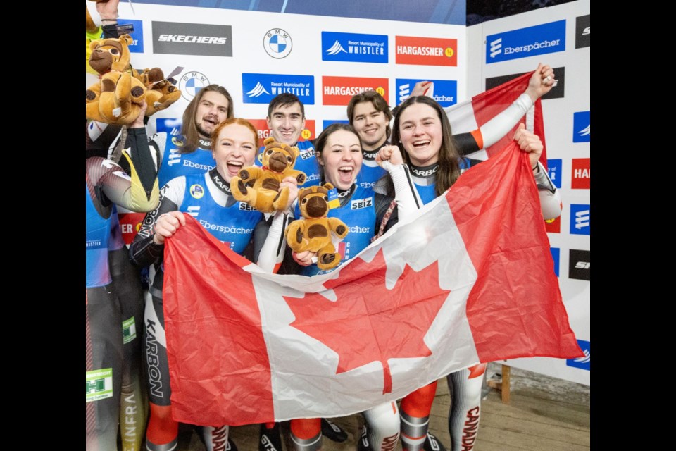 Canada's relay team at the Luge World Championships in Whistler on Feb. 8, 2025. Back row: Theo Downey (left), Devin Wardrope (middle) and Cole Zajanski. Front row: Kailey Allan (left), Beattie Podulsky (middle) and Embyr-Lee Susko.