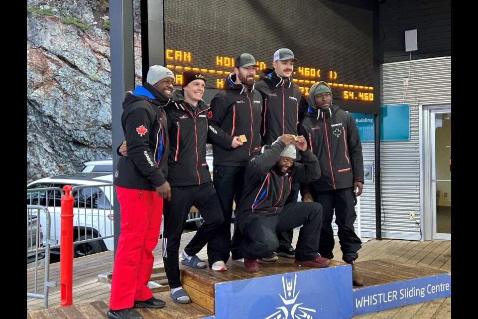 2024 Canadian Bobsled Nationals two-man podium, left to right: Kenny M'Pindou, Jay Dearborn, Pat Norton, Keaton Bruggeling, Cyrus Gray, Shaq Murray-Lawrence (front).