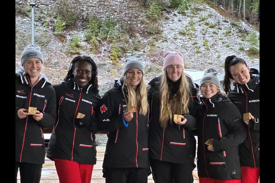 2024 Canadian Bobsled Nationals two-woman podium, left to right: Skylar Seiben, Cynthia Appiah, Leah Walkeden, Mackenzie Stewart, Morgan Ramsey and Erica Voss.