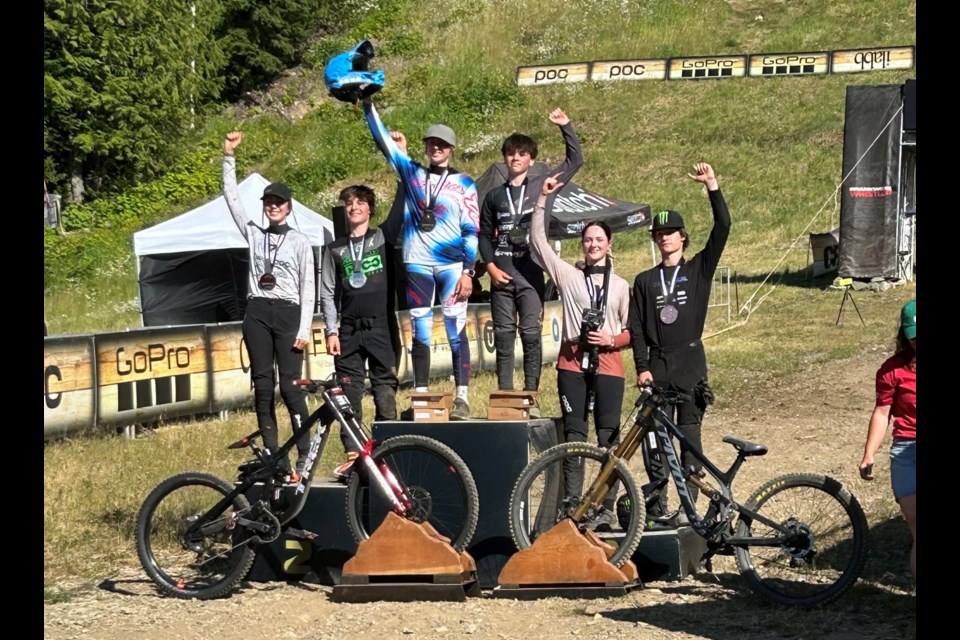 2024 Canadian Open DH U17 medallists, left to right: Cami Bragg, Ryder Wilson, Aletha Ostgaard, Camden Rutherfurd, Matilda Henness, Alex Mallen.