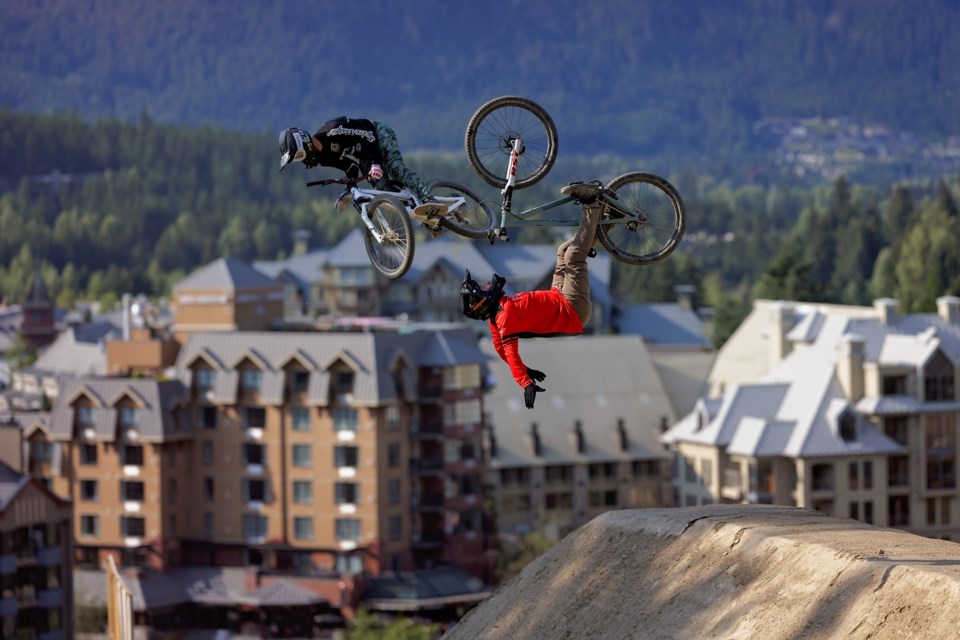 David Lieb (left) and Greg Watts defy gravity at the 2024 Crankworx Whistler Speed and Style.