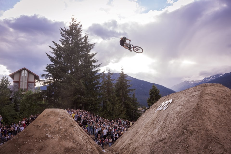 Erice van Leuven gets sideways at the 2024 Crankworx Whistler Whip-off.