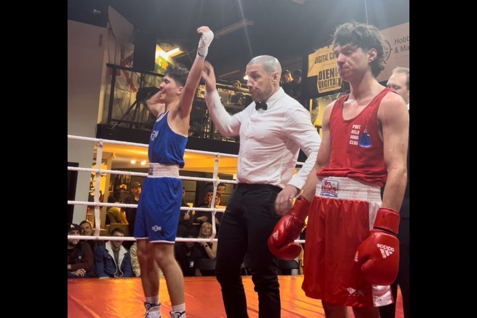 Leo Laferriere (in blue) defeated Max Klobucar by unanimous decision at Griffins Boxing on Nov. 29, 2024.