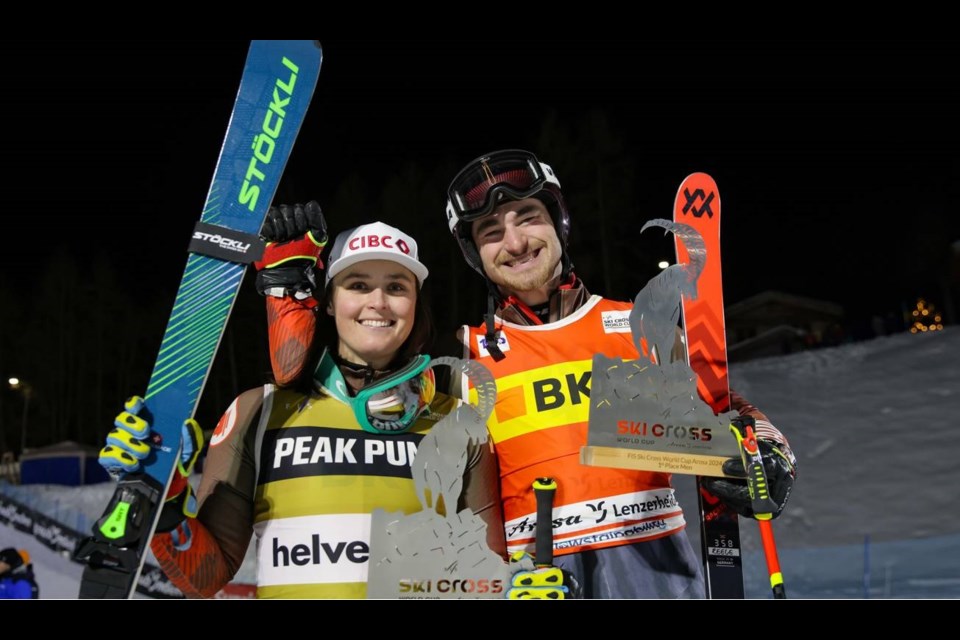 Marielle Thompson (left) and Reece Howden both won gold at the World Cup ski cross race in Arosa, Switzerland on Dec. 17, 2024.