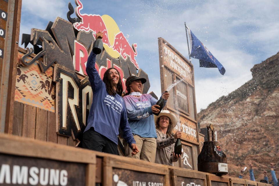 2024 women's Red Bull Rampage podium, left to right: Georgia Astle, Robin Goomes and Casey Brown.