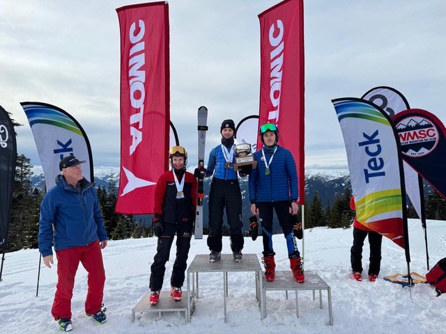 Boys award recipients from the 2025 Rob Boyd Cup, left to right: Bodie Ottem, Eric Kratsev and Declan Kirker. Boyd himself stands at the far left.